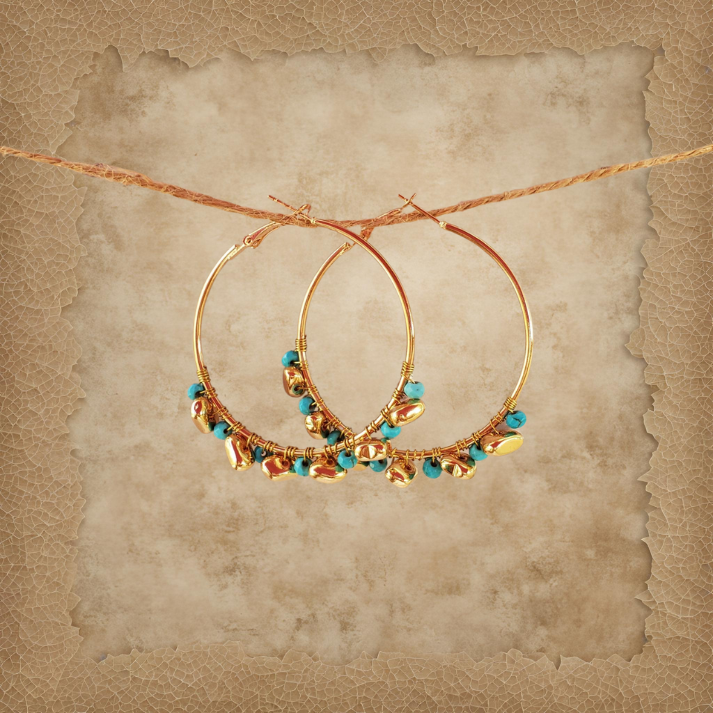 Golden Hoops with Turquoise and Gold Stones